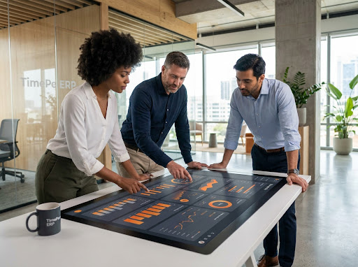 Modern business team collaborating over a digital financial dashboard