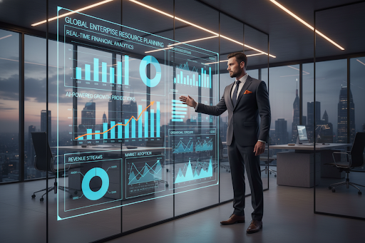 Executive interacting with AI-powered ERP dashboard